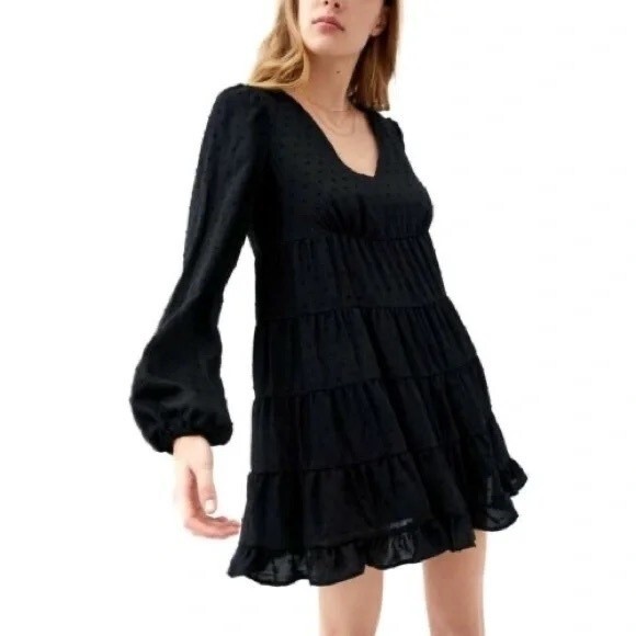 Urban Outfitters Swiss Dot Textured Long Sleeve Babydoll Frock Dress size Medium - Picture 1 of 10